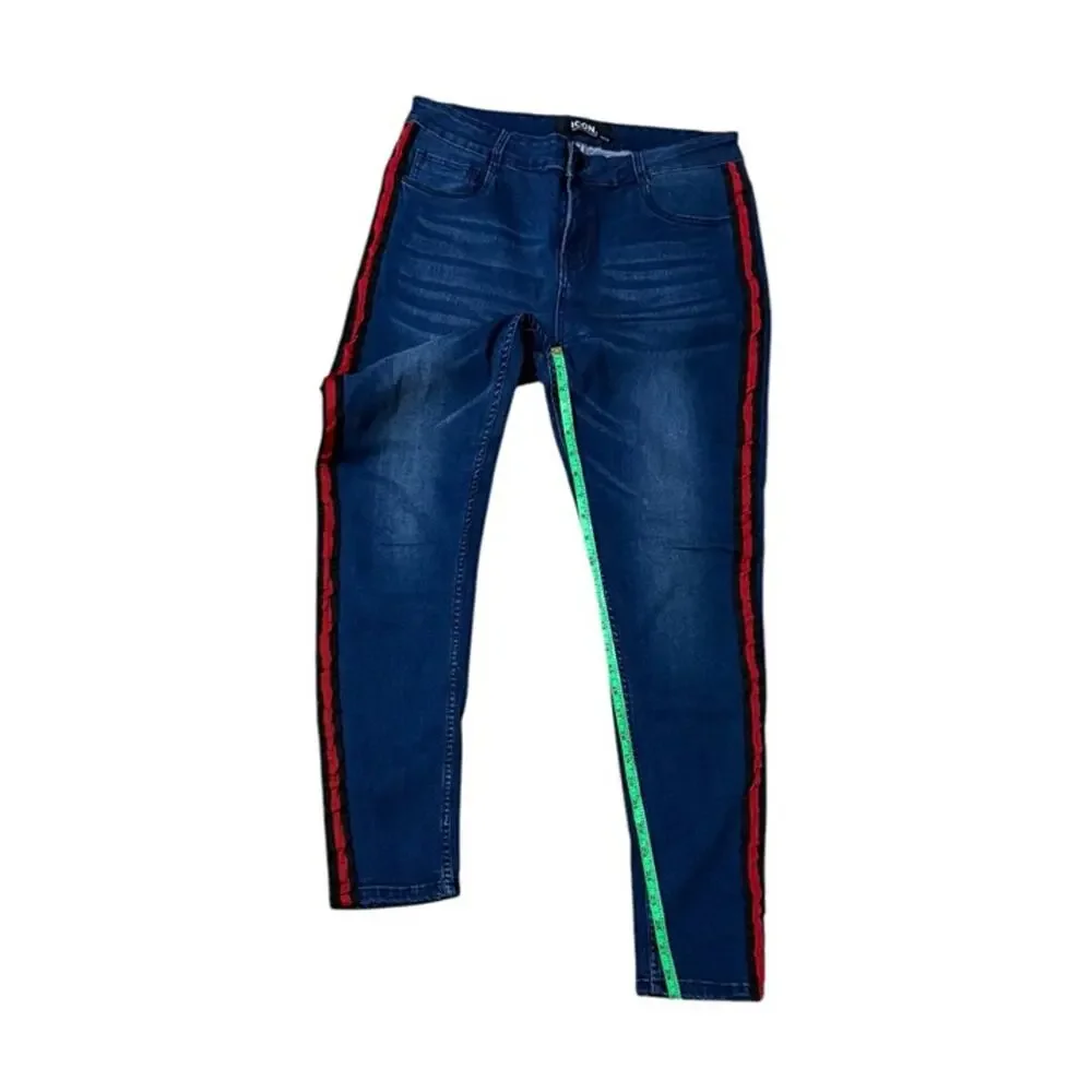 ICON Amsterdam Men Slim Fit Blue Denim Jeans Red & Black Side Stripes 36 - Picture 6 of 8